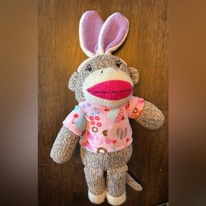 Charming Brown and Pink Sock Monkey Plush with Bunny Ears